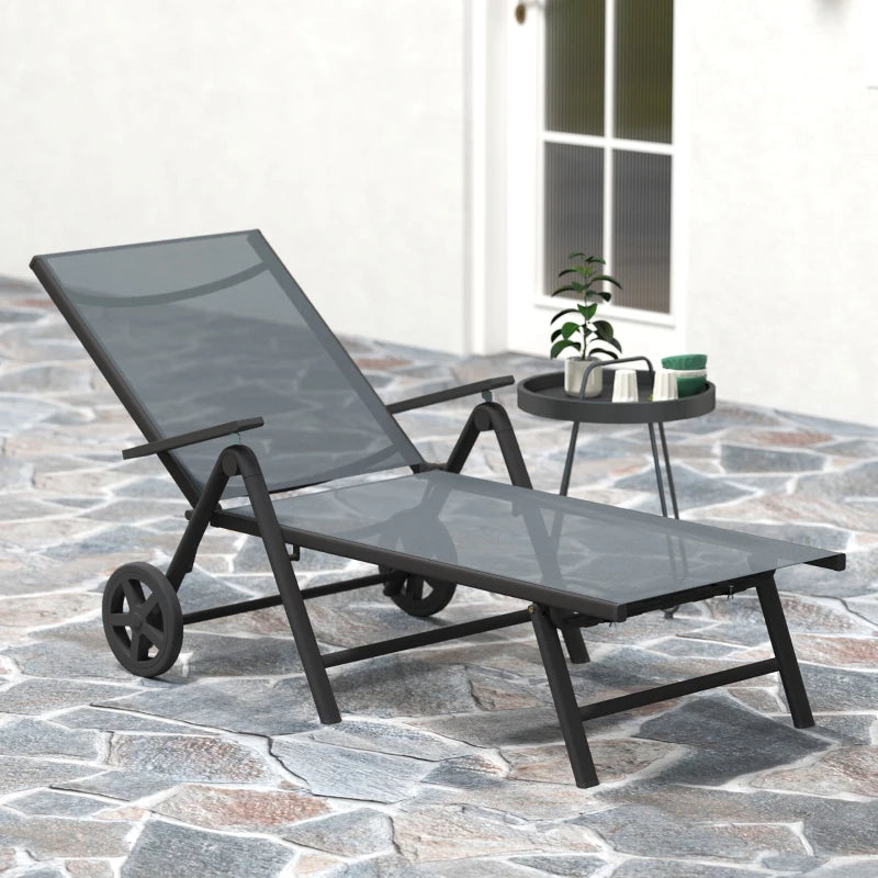 Outdoor Lounge Chair, 5-Level Adjustable Folding Chaise Chair with 2 Wheels for Backyard, Beach, Poolside, Grey