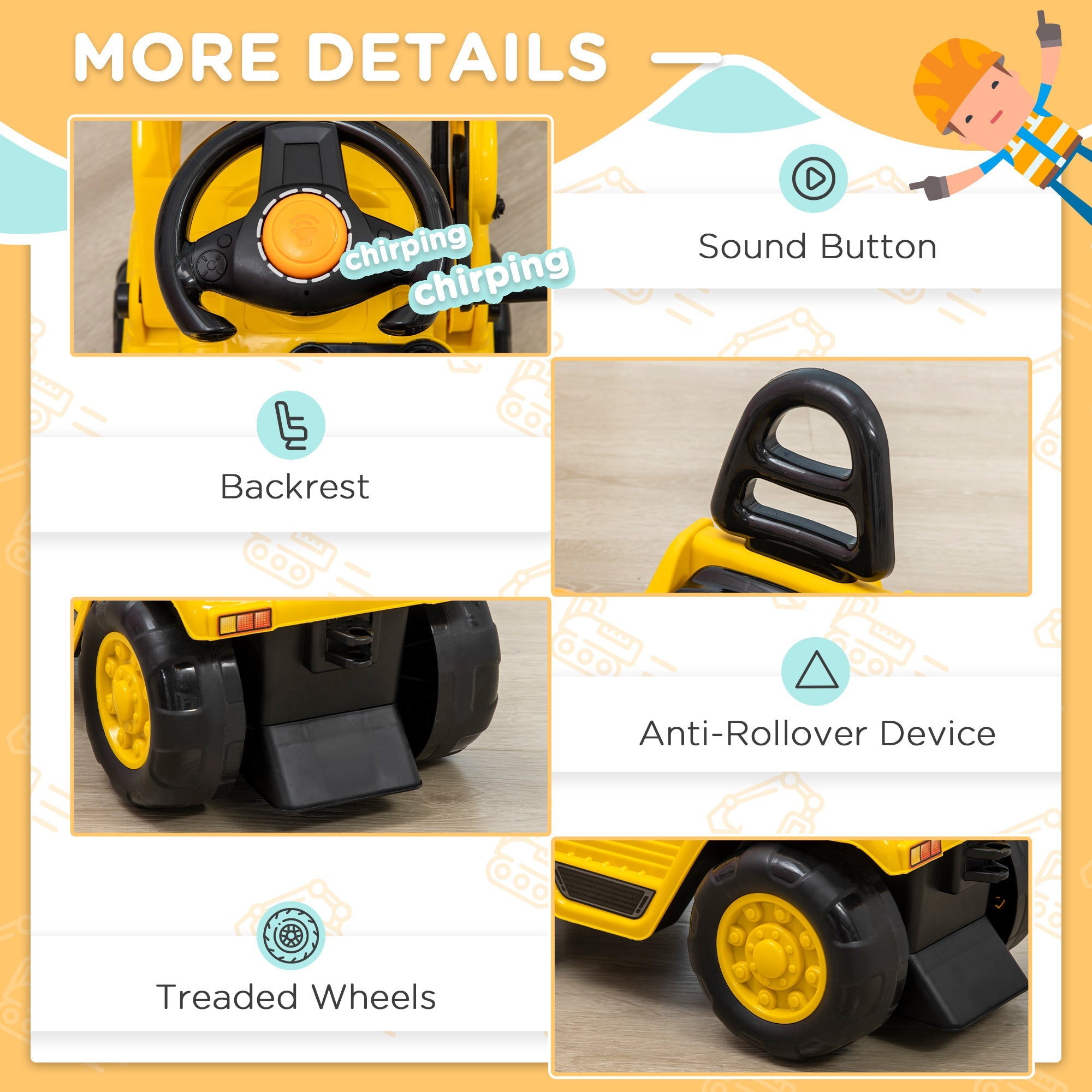 Aosom Ride On Excavator Toy No Power Digger Realistic Sound Grabber Under Seat Storage for 3-4 Years Old