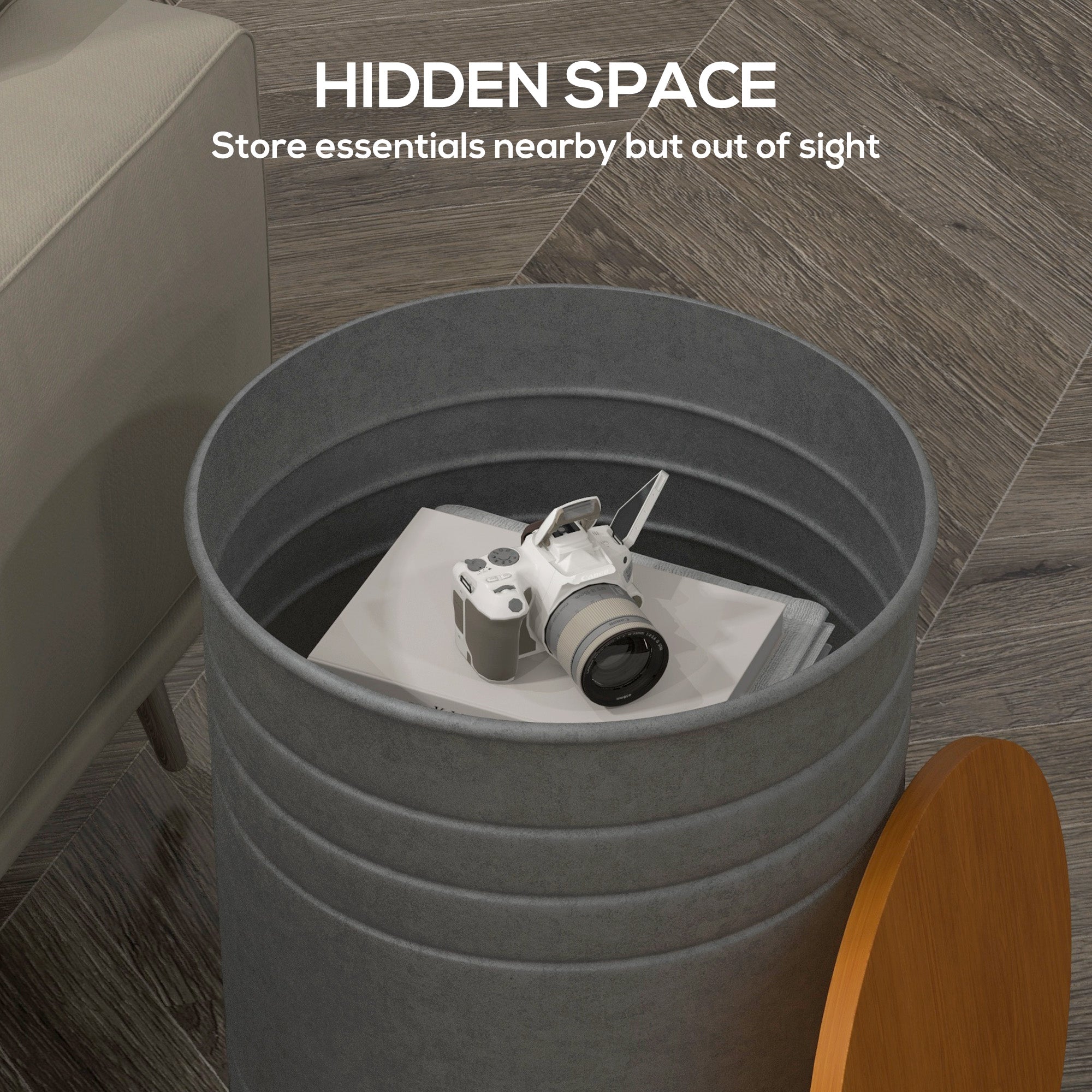 HOMCOM Round Side Table Set of 2, Nesting Coffee Tables w/ Wooden Lid, Galvanized Sheet Frame and Hidden Storage Space, Grey