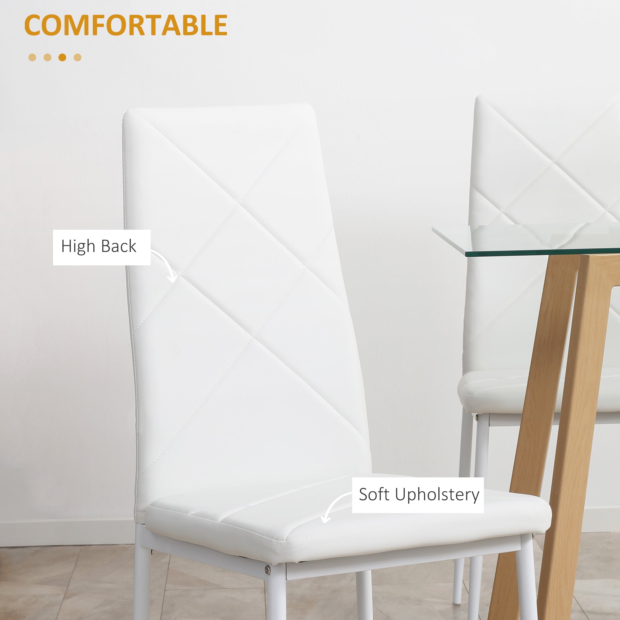 HOMCOM Modern Dining Chairs Set of 4: High-Back Faux Leather Upholstery with Steel Legs, White