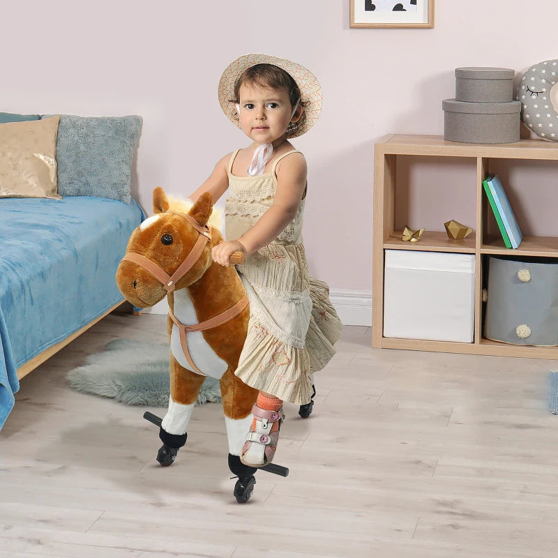Qaba Kids Rocking Horse, Large Walking Ride on Toy for Toddlers 3 year old, Baby Plush Animal Rocker with Sound and Wheel, Brown