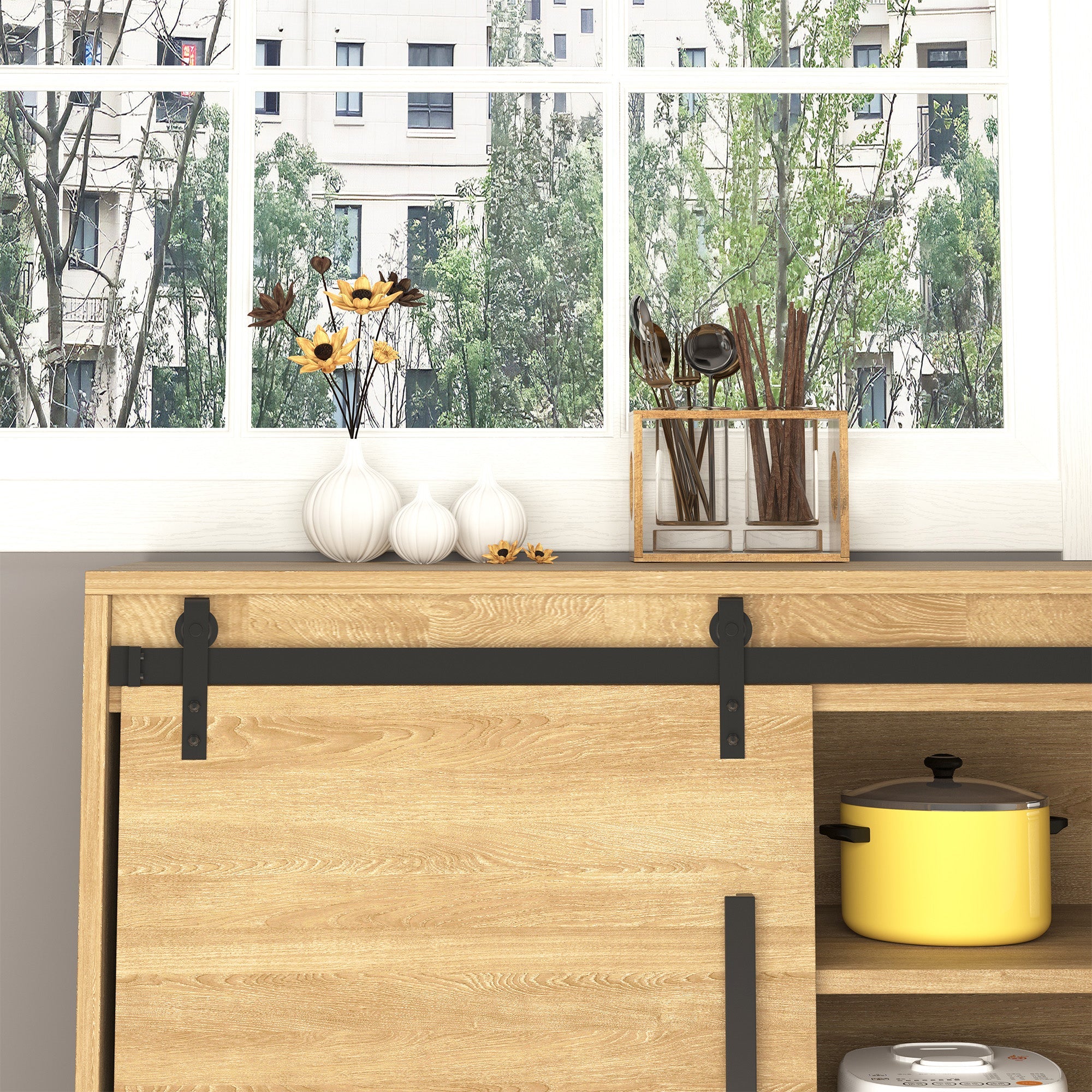 HOMCOM 6ft Double Door Sliding Barn Door Hardware Kit for Cabinets Wardrobe TV Stand with Smooth Glide