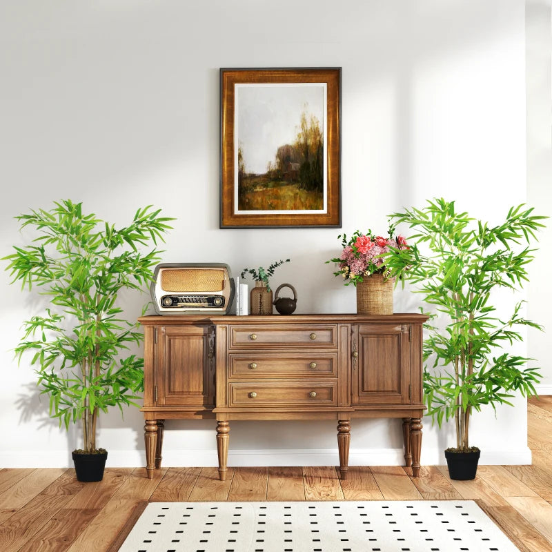 Artificial Bamboo Tree Set of 2, 5ft Fake Tree with Realistic Leaf and Natural Trunk, Decorative Plant in Nursery