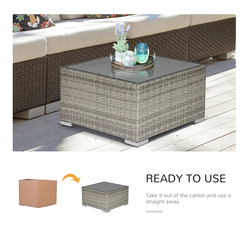 Rattan Garden Coffee Table, 25.6" Square Garden Rattan Table with Tempered Glass Top, Grey