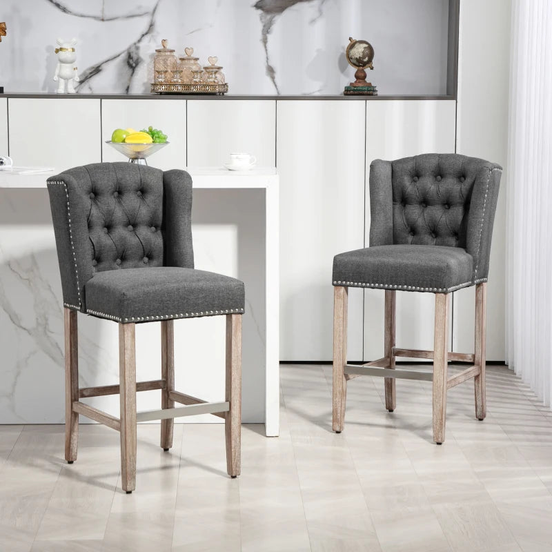 Counter Height Bar Stools Set of 2, Upholstered Bar Chairs with Nailhead Backrest and Footrest, Charcoal Grey