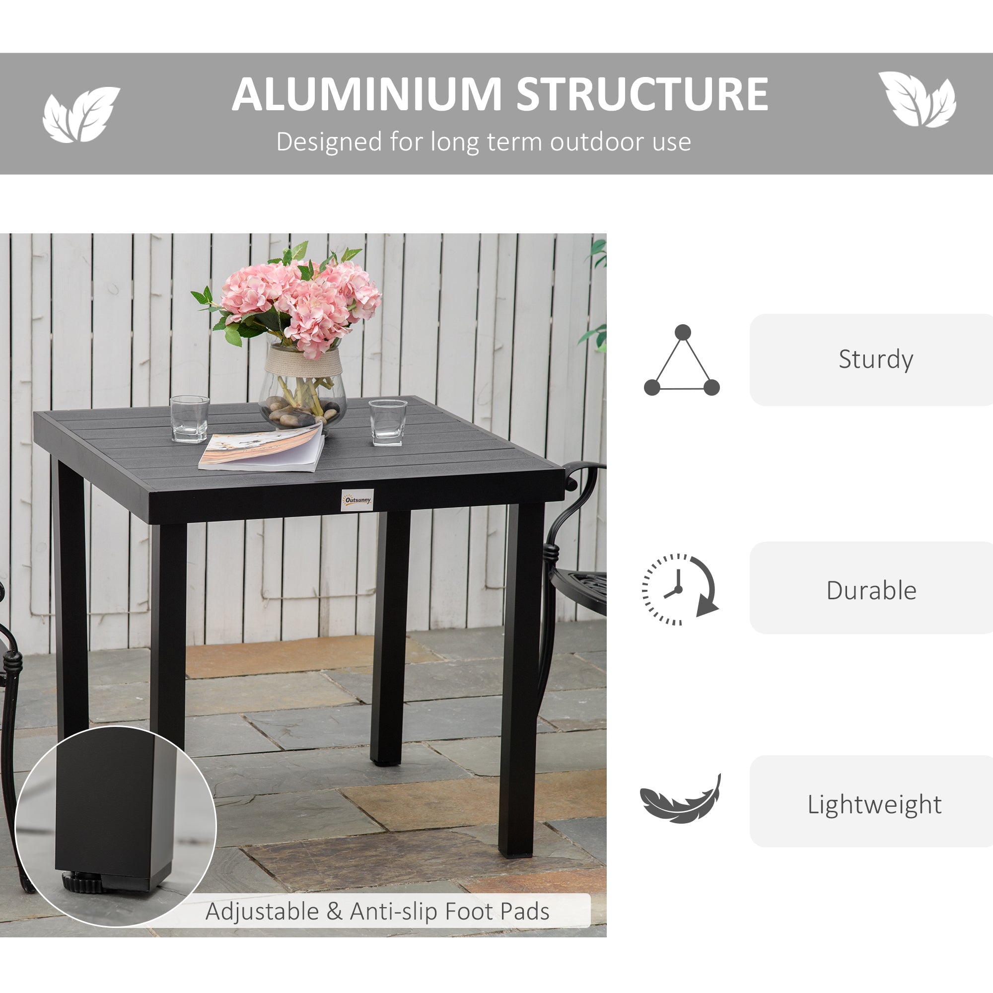 Outsunny Outdoor Dining Table for 4 Square Aluminum Patio Table Garden Lawn Backyard Black