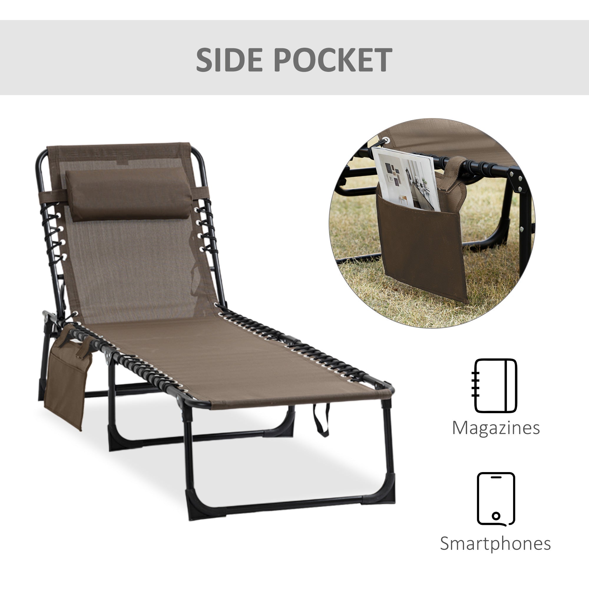 Outsunny Outdoor Folding Chaise Lounge, Reclining Lounge Chair with Adjustable Backrest and Removable Pillow, Brown