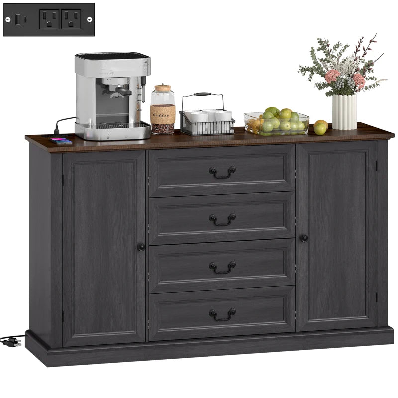 Farmhouse Sideboard with Charging Station, 58" Buffet Cabinet, Kitchen Storage Cabinet with 4 Drawers, 2 Doors, Black