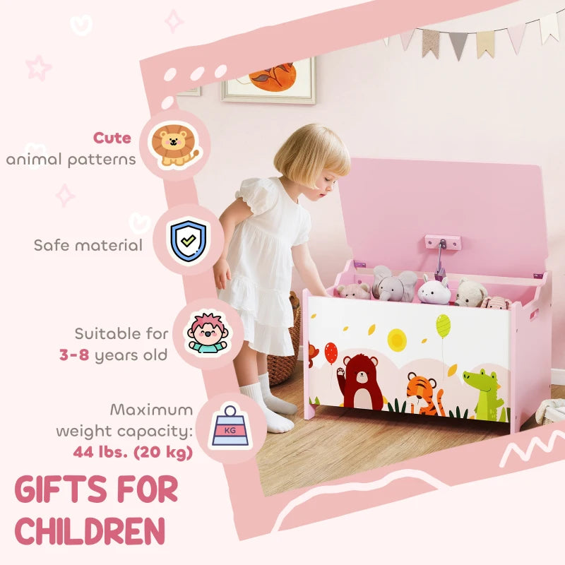 Qaba Kids Storage Chest with Lid, Toy Box Organizer with Safety Hinges for Playroom, Bedroom, Living Room, Pink