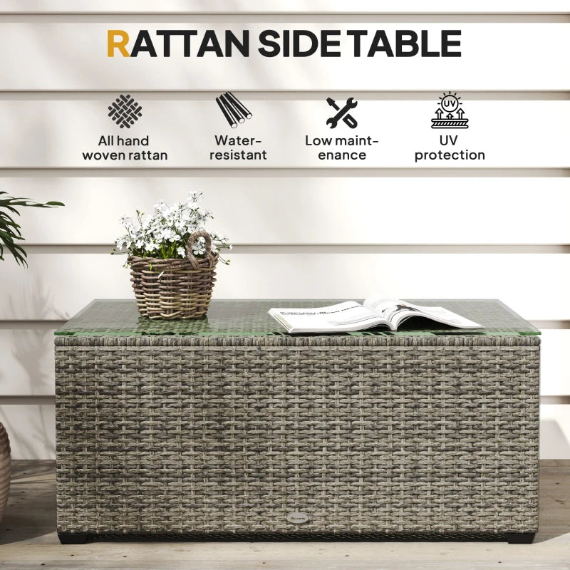 Wicker Outdoor Coffee Table, PE Wicker Rectangular Patio Table with Tempered Glass Top for Garden, Balcony, Dark Grey