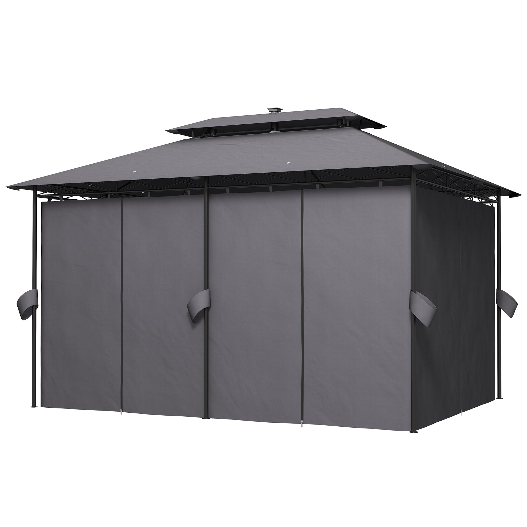 Outsunny 10' x 13' Outdoor Gazebo with Curtains and Solar-Powered LED Lights, Double Roof Patio Gazebo Canopy Shelter