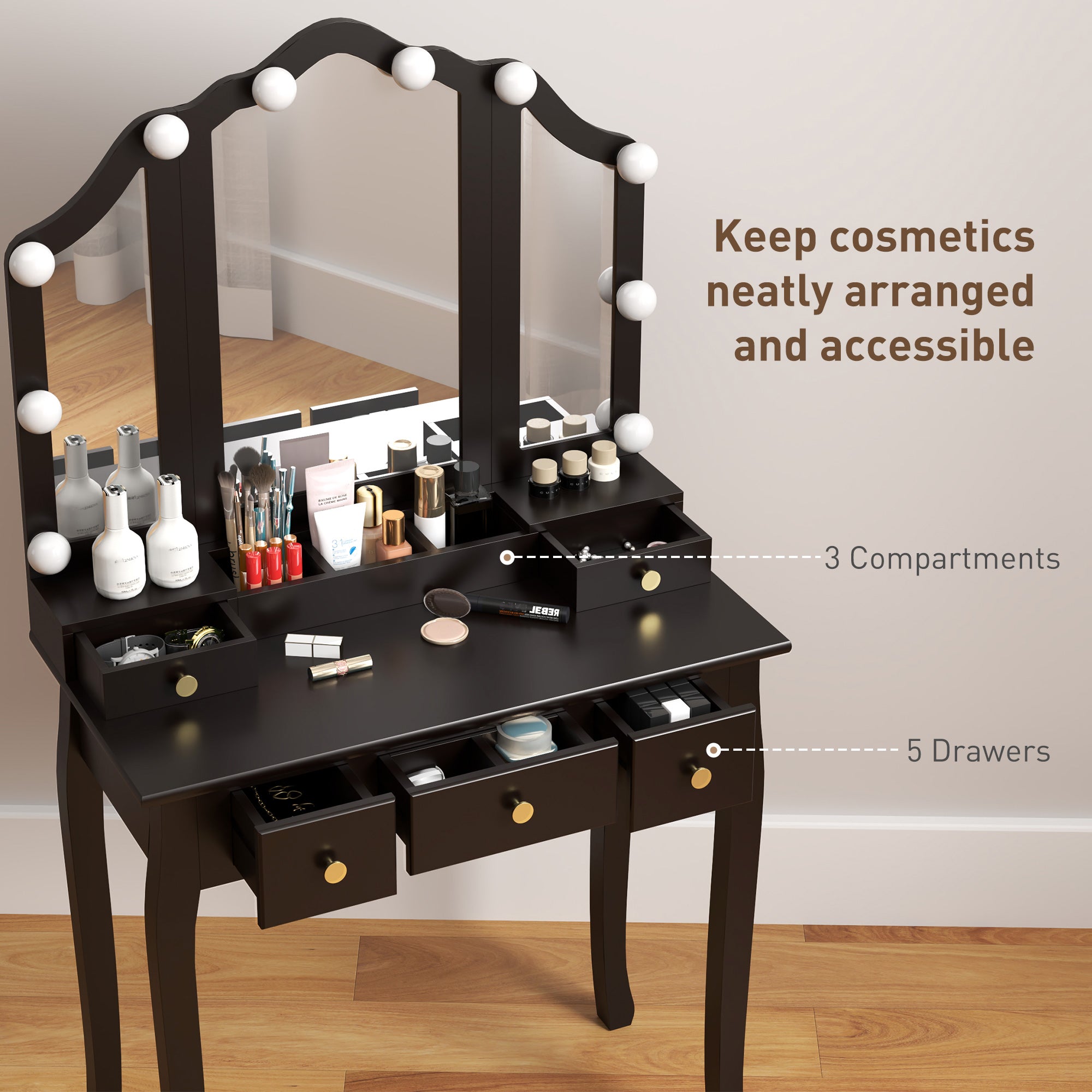 HOMCOM Makeup Vanity Desk with Mirror and Stool, Vanity Set with 10 LED Lights, 5 Drawers and 3 Compartments, Black