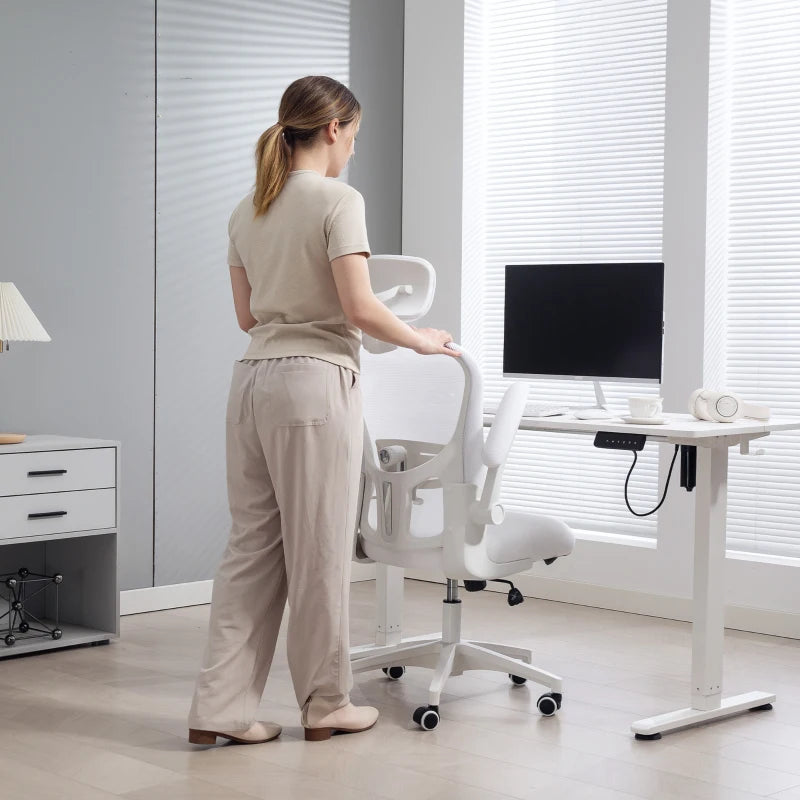 Office Chair, Mesh Computer Desk Chair with Adjustable Headrest, 4D Lumbar Support, Flip-up Arm, White