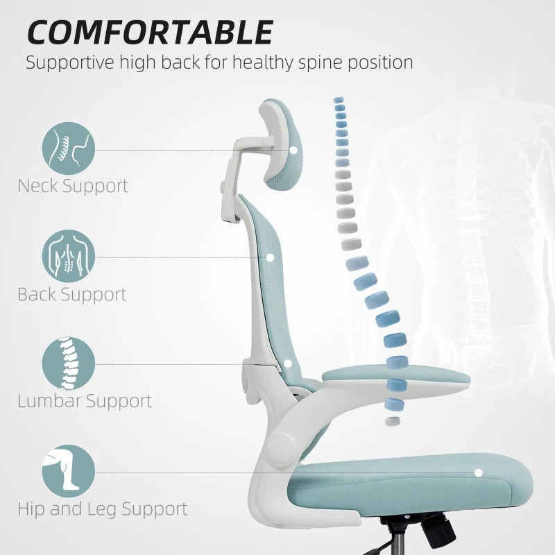 Ergonomic Mesh Office Chair, High Back Desk Chair with Rotatable Headrest, Flip-Up Armrests, Lumbar Support, Light Green