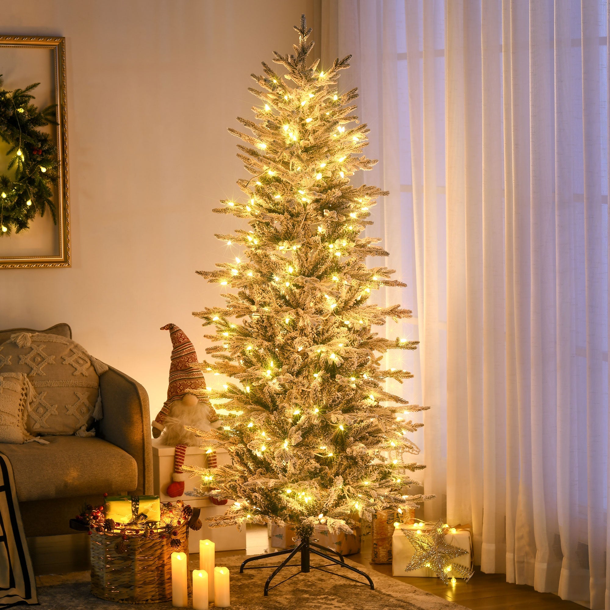 HOMCOM 6' Pre Lit Artificial Flocked Christmas Trees, with Snow Branches, Warm Yellow Clear Lights, Auto Open, Extra Bulb