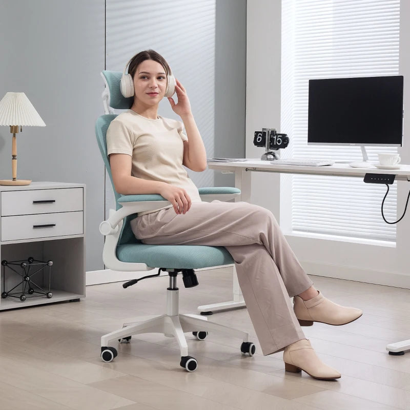 Office Chair, Mesh Computer Desk Chair with Adjustable Headrest, 4D Lumbar Support, Flip-up Arm, Light Green