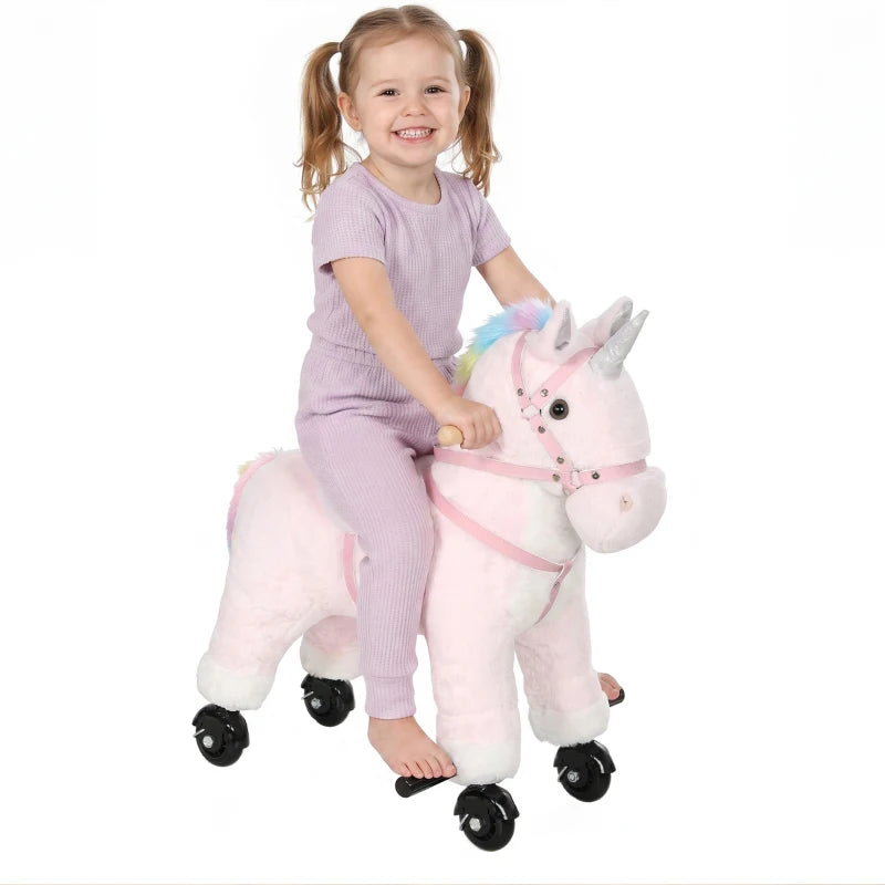 Pink Unicorn Ride-On Toy with Wheels, Sounds & Plush Design for Kids Ages 2–5