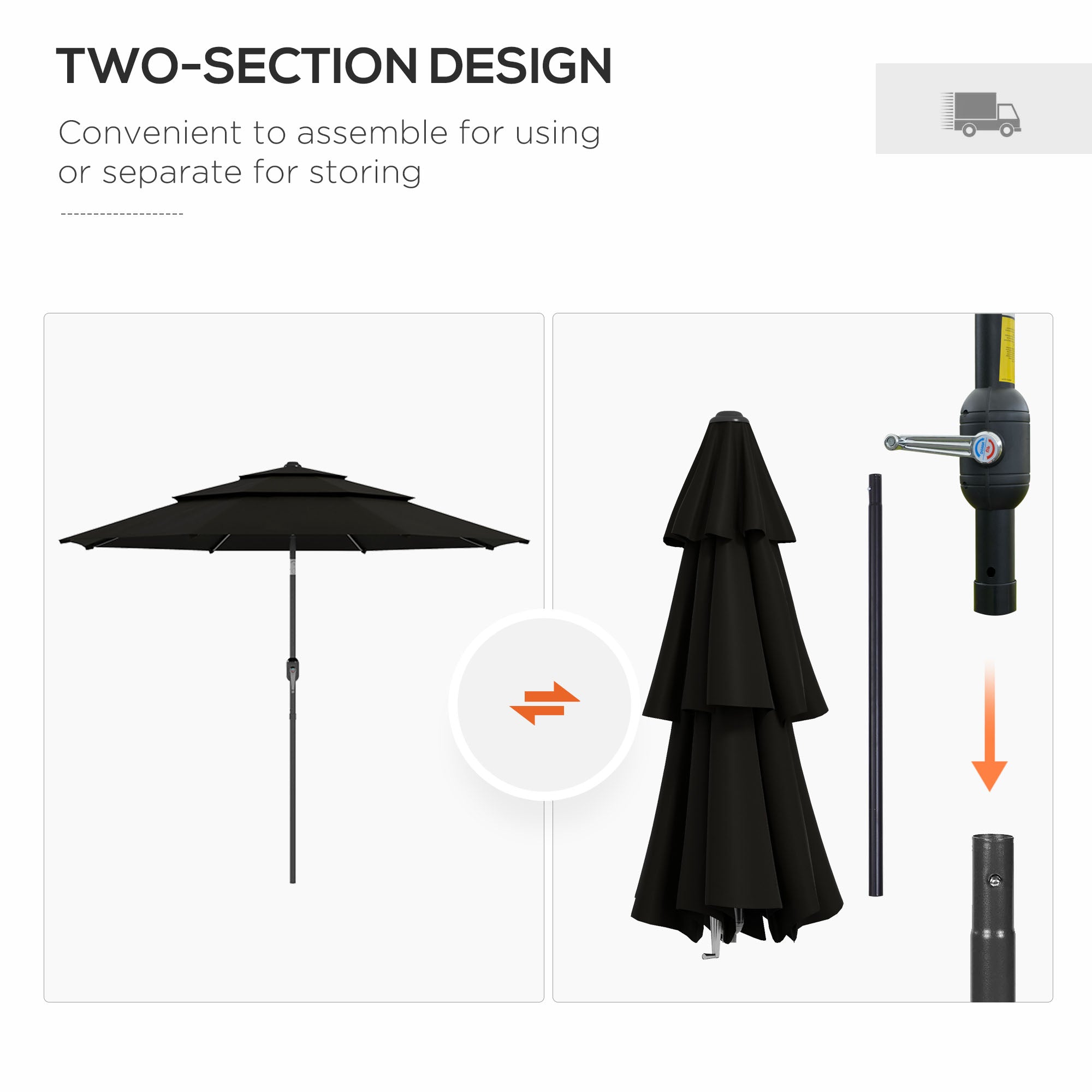 Outsunny 9FT Black Patio Umbrella 3 Tiers with Crank, Push Button Tilt for Outdoor Comfort on Deck, Backyard & Lawn - Find Shade