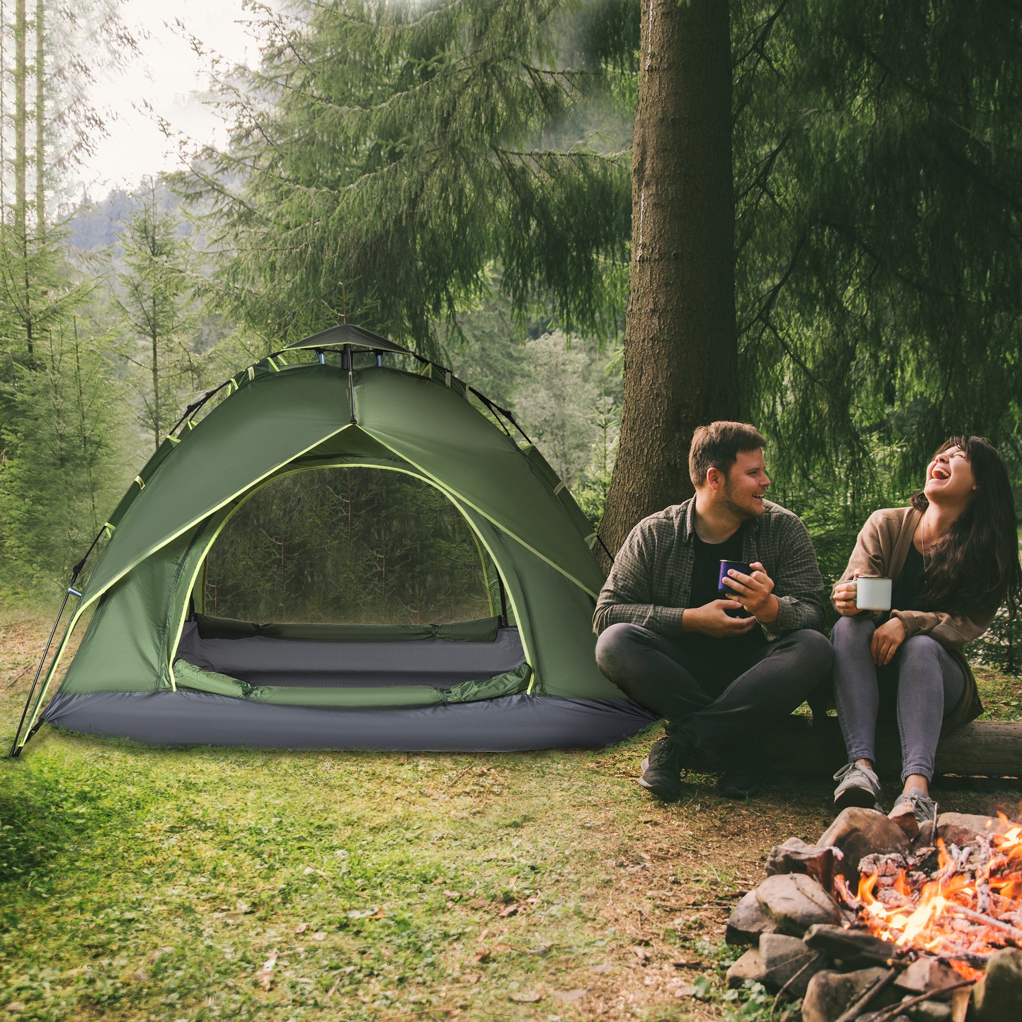 Outsunny Camping Tent, 3 Person Family Tent, 1000mm Waterproof, with Sewn-in Groundsheet and Carry Bag, for Fishing, Dark Green