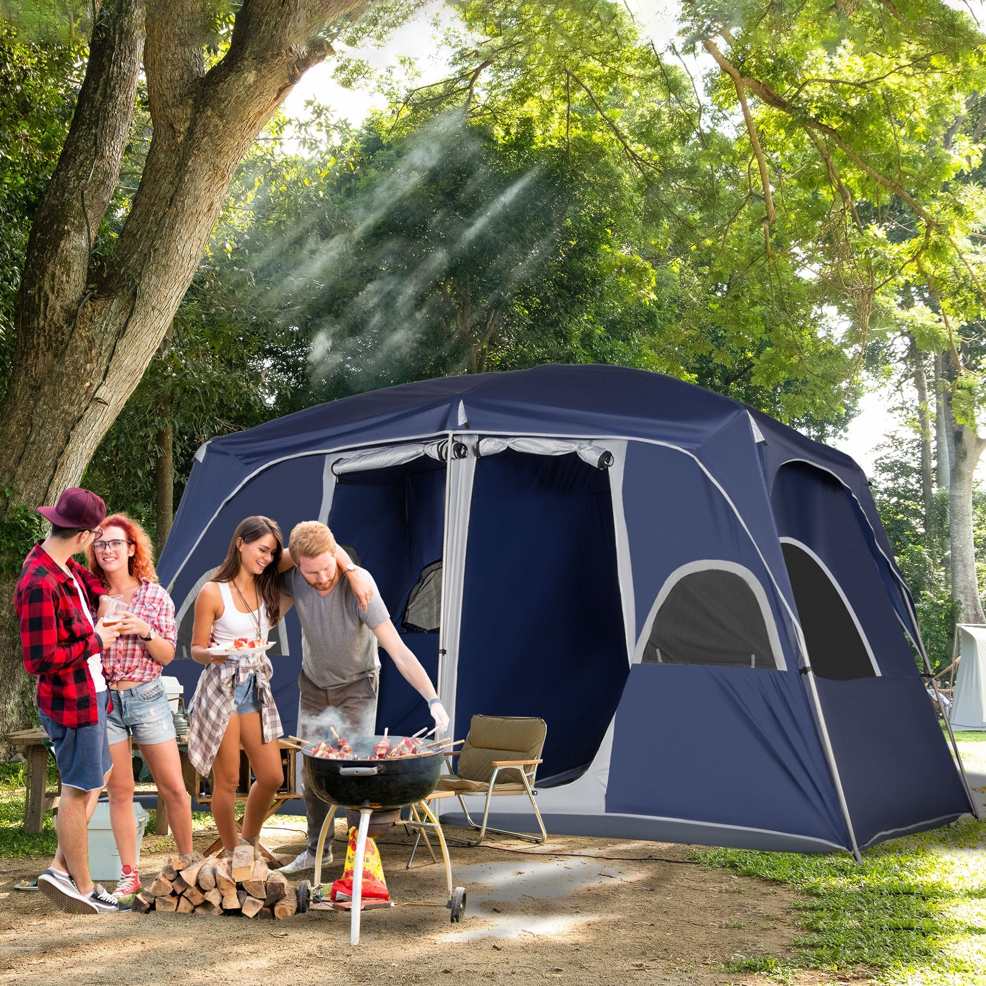 Outsunny Camping Tent, Family Tent 4-8 Person 2 Room, with Large Mesh Windows, Easy Set Up 13'L x 9'W x 7'H, Blue