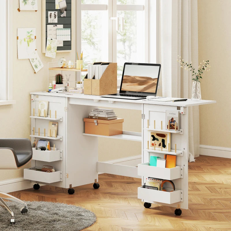 Folding Craft Table, Rolling Sewing Machine Table with Magnetic Doors, Bins, Pegs, Storage Shelf, Lockable Wheels, White