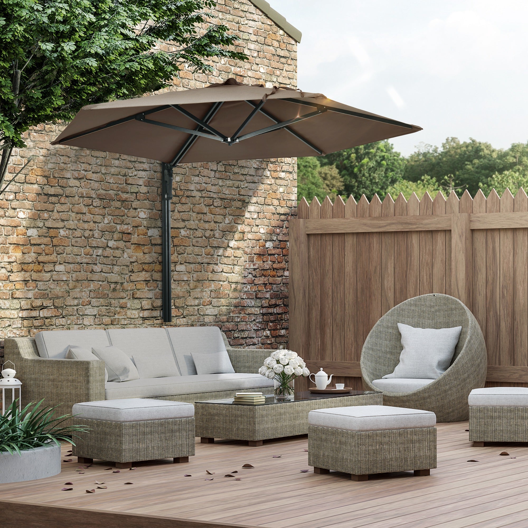 Outsunny Wall Mounted Umbrella 8FT with 180° Rotatable Canopy Outdoor Patio Parasol Khaki