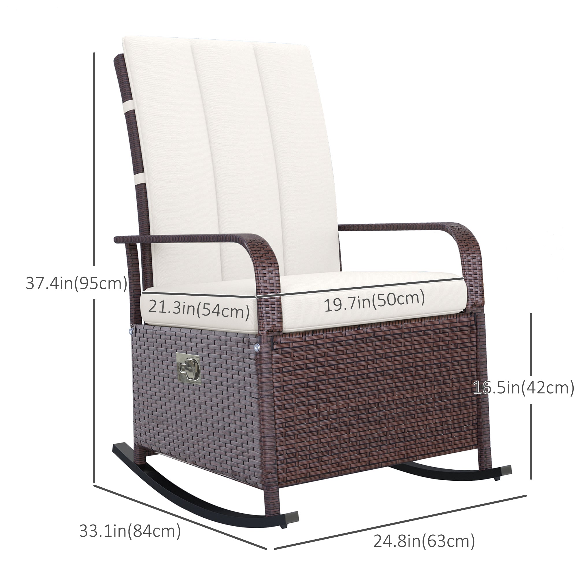 Outsunny Wicker Rocking Chair Outdoor with Cushion PE Rattan Recliner Adjustable Footrest Cream White
