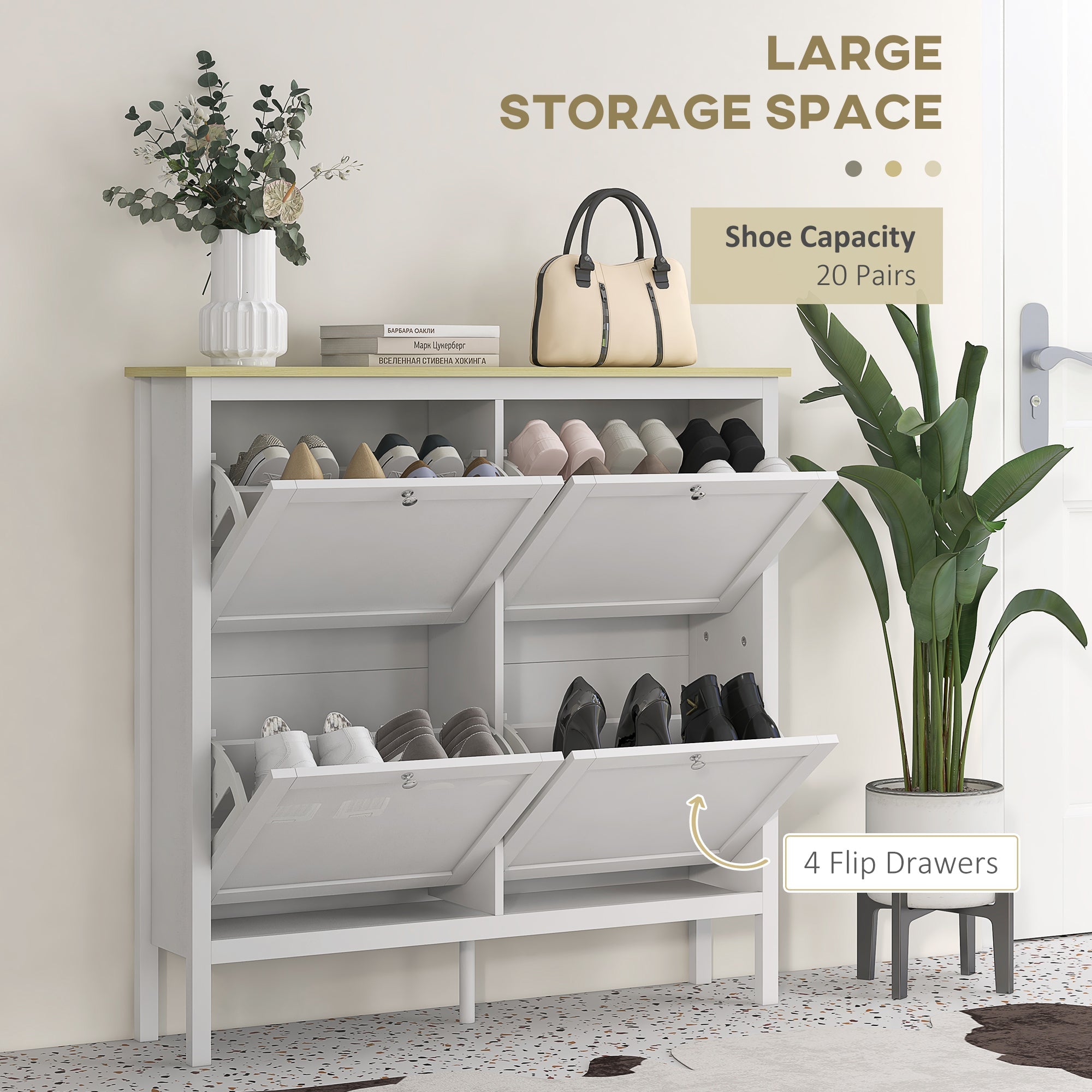 HOMCOM Shoe Chic: Modern Storage Cabinet with 4 Flip Drawers, Adjustable Shelves for 20 Pairs of Shoes, White Finish