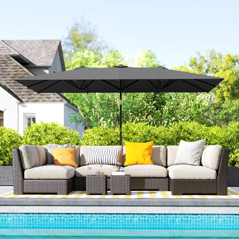 Double-Sided Patio Umbrella Parasol with Tilt, Adjustable Height, Vents and 12 Ribs, for Garden, Deck, Grey