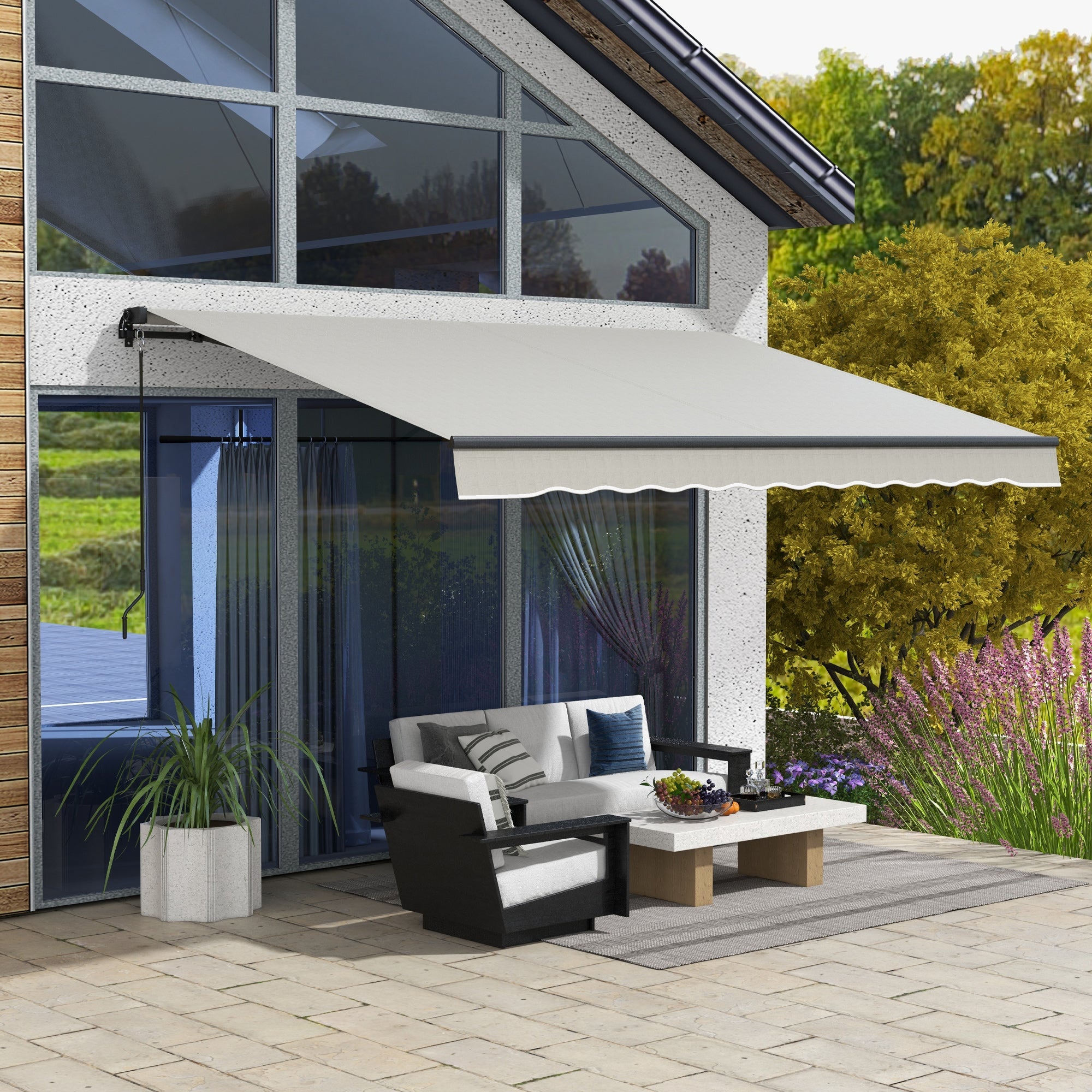 Outsunny Retractable Awning 12'x10', UV Resistant 280gsm Sunshade for Deck, Balcony, Yard, Light Grey