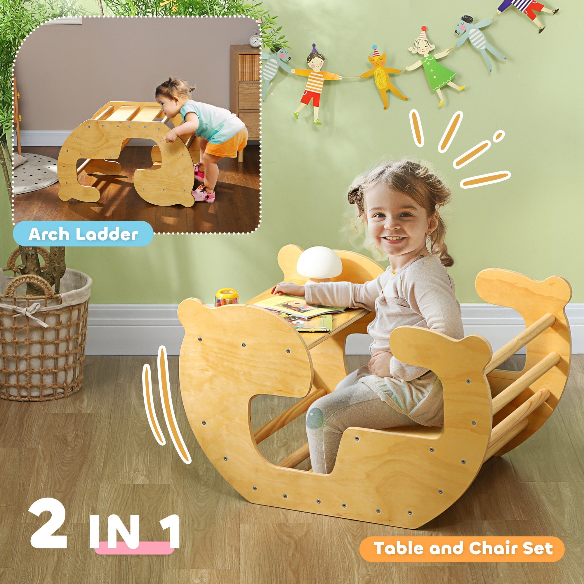 Qaba 2 in 1 Wooden Toddler Climbing Toy Indoor, Kids Table and Chair Set