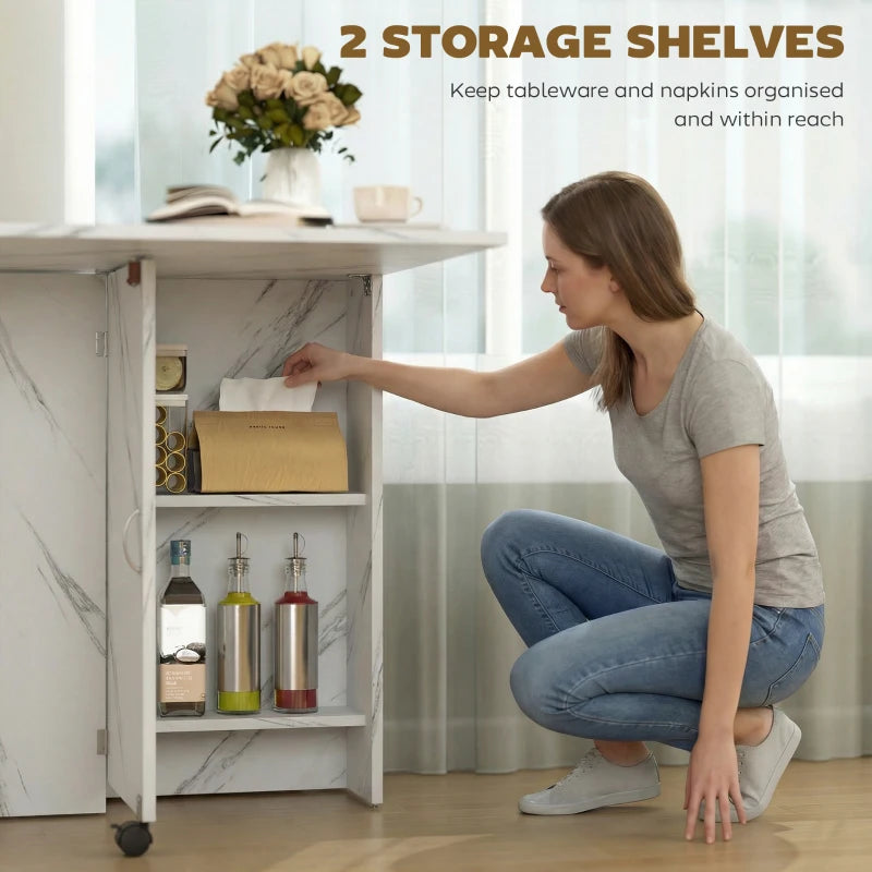 Extendable Dining Table, Collapsible Folding Table with 2-tier Shelves and Rolling Casters, Marble White