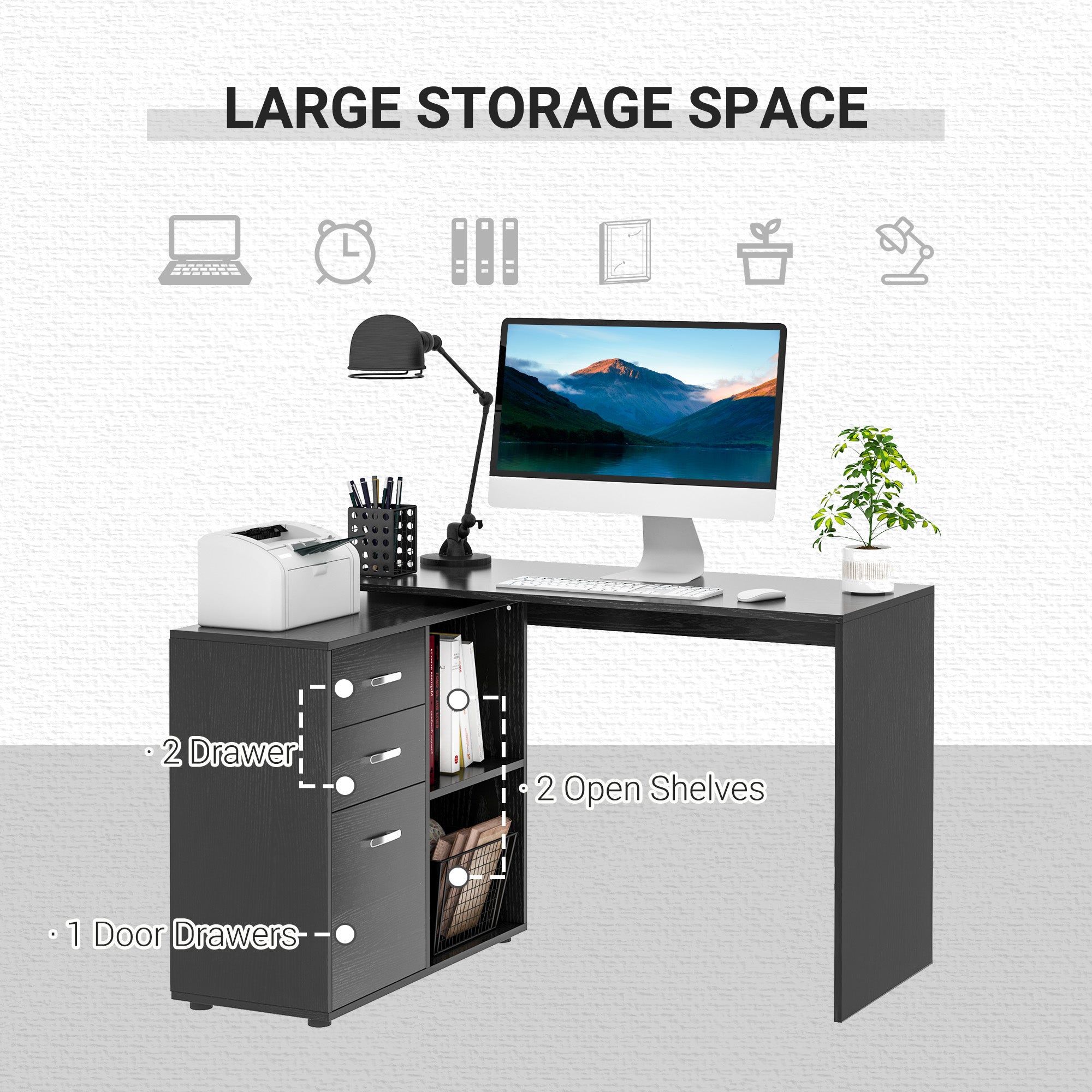 HOMCOM L-Shaped Desk Computer Corner with Storage Shelf Drawer Black Home Office Workstation