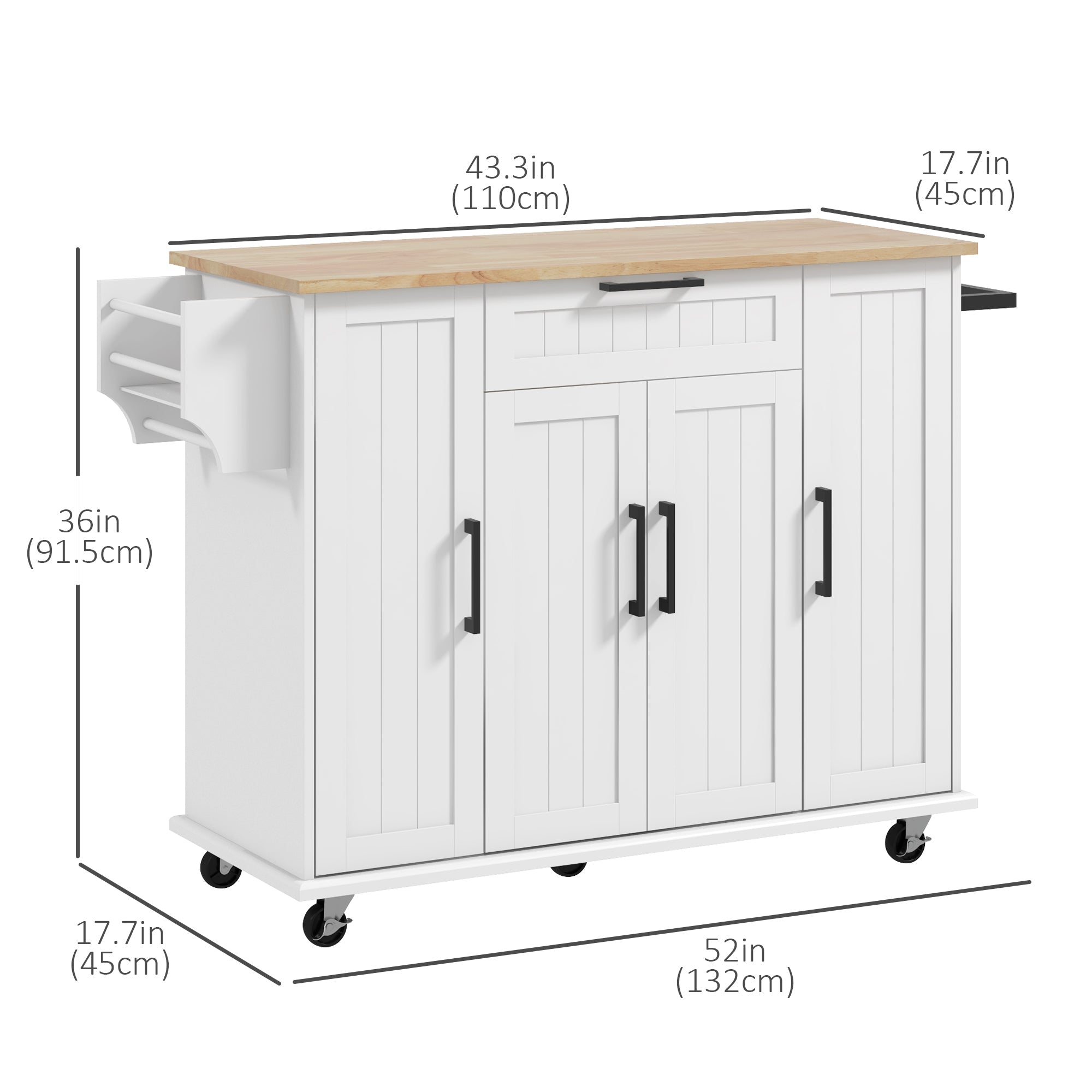 HOMCOM Modern Movable Meal Prep Station: Rolling Kitchen Island Cart, Drawers, Natural Wood Top, Towel Rack, Door Cabinet, White Finish