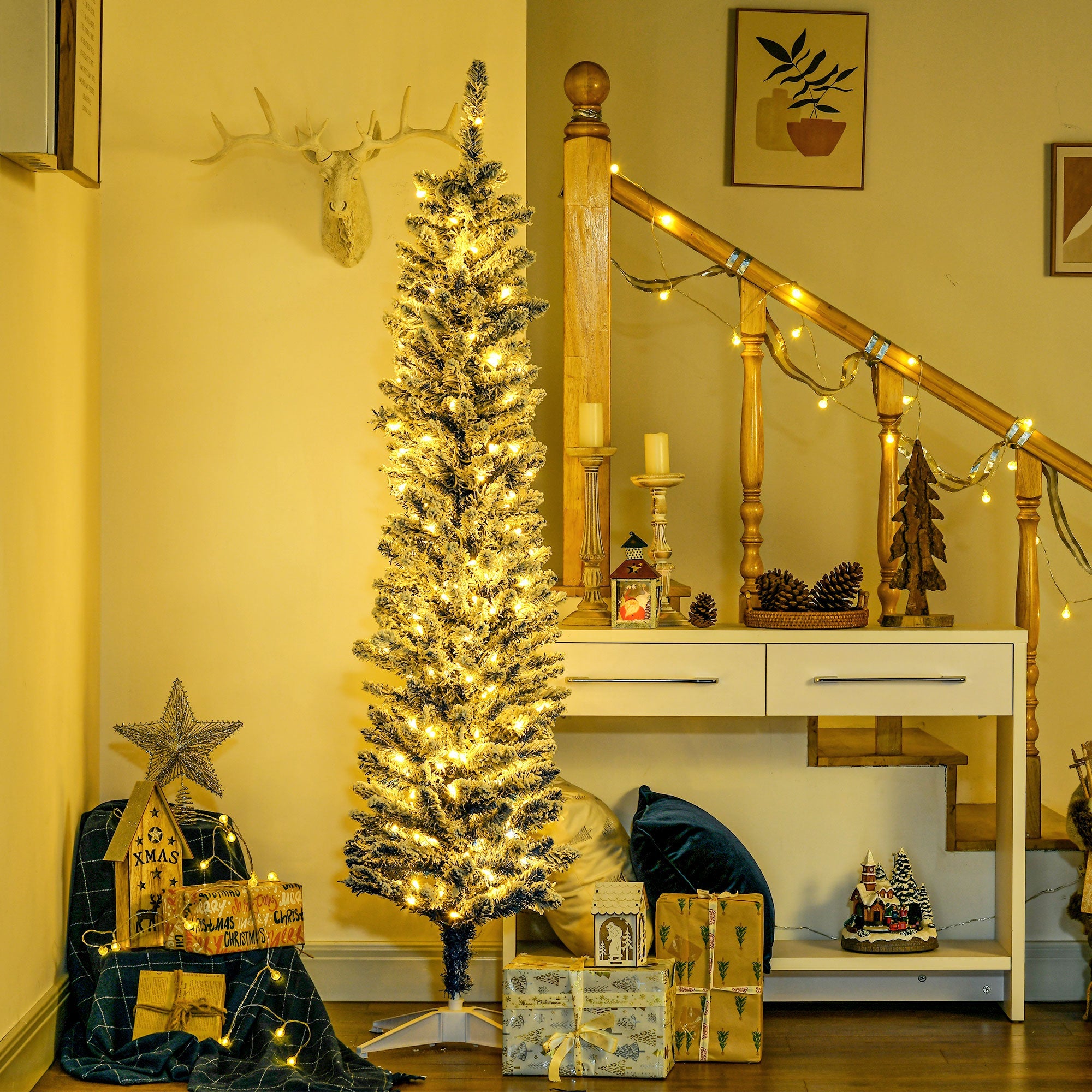 HOMCOM 6ft Blue Snow Flocked Pencil Christmas Tree, Pre-Lit Artificial Tree with Snowy Branches