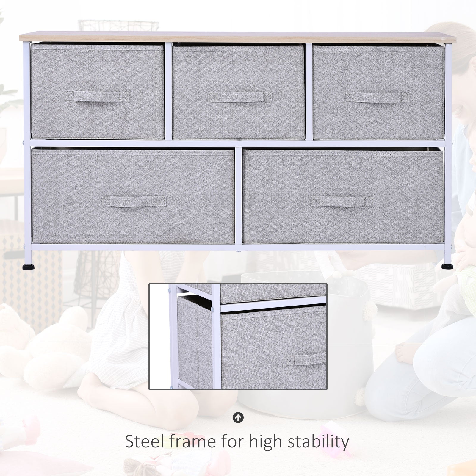 HOMCOM Linen Fabric Drawer Organizer: 5 Removable Drawers, Metal Frame, Adjustable Feet for Versatile Storage