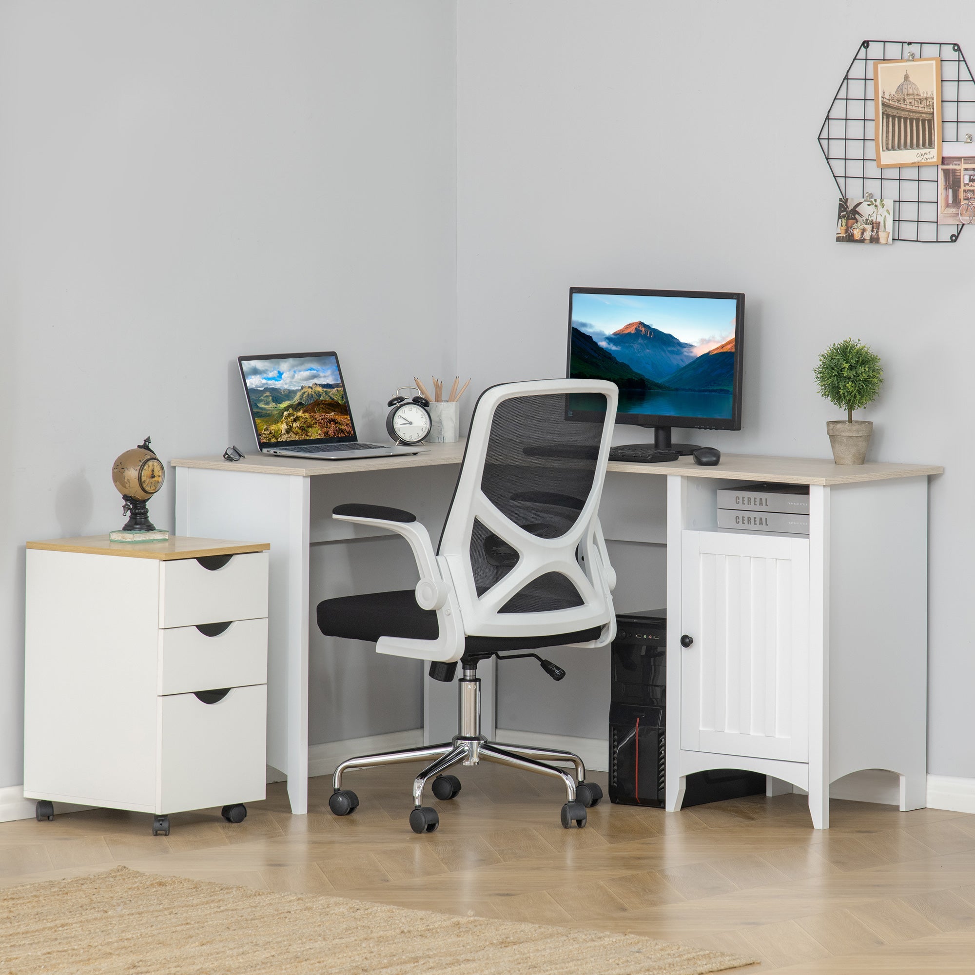 HOMCOM L-Shaped Desk for Home Office Spacious Corner Computer Desk with Shelf & Cabinet Modern Workstation in Natural Wood & White