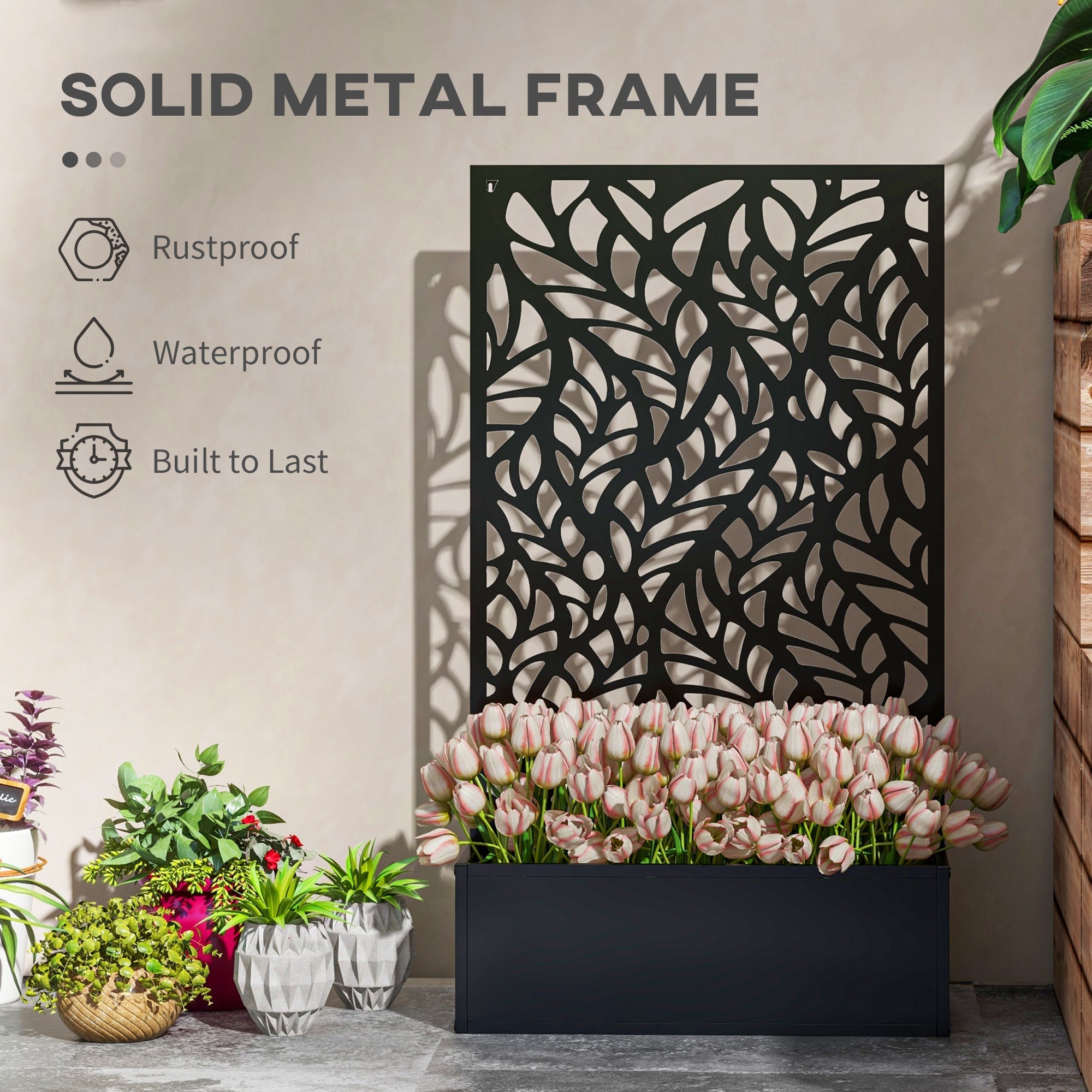 Outsunny Metal Privacy Screen with Garden Bed Freestanding or Wall-Mounted Planter Box for Outdoor Spaces