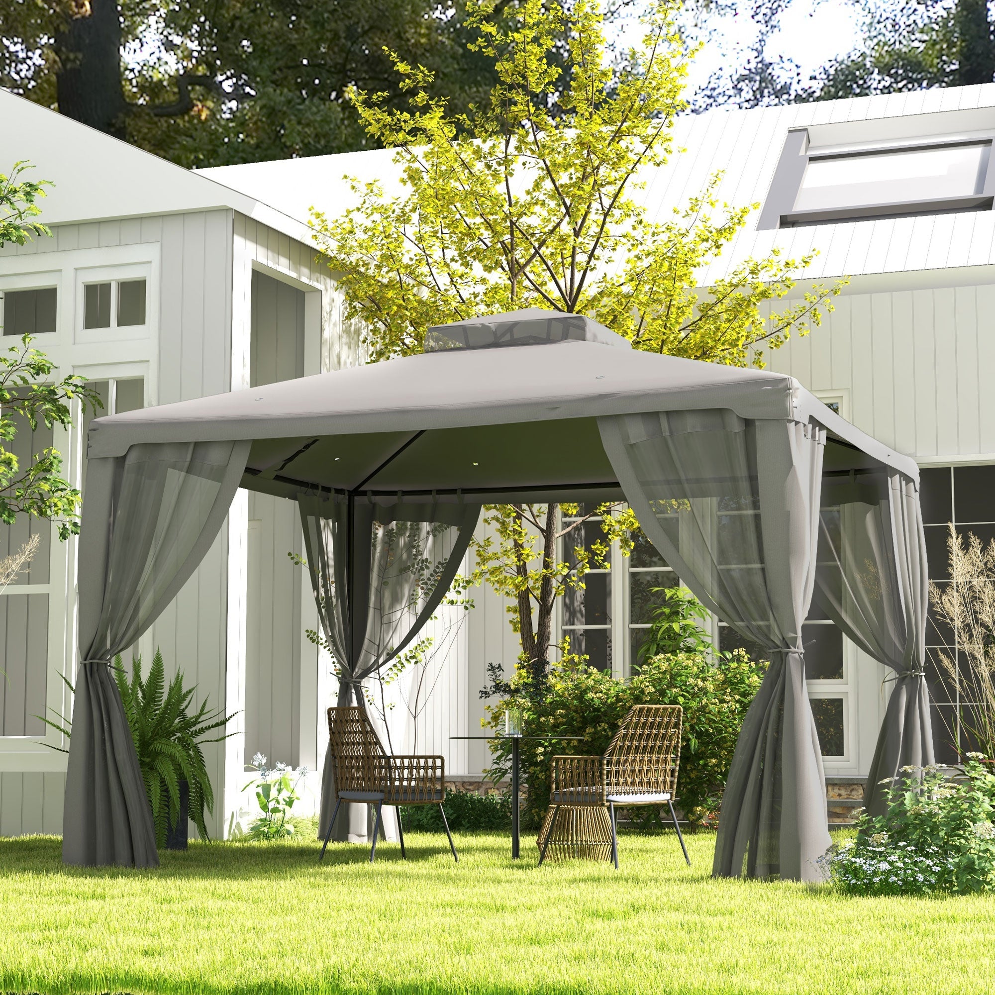 Outsunny 11.65' x 10' Patio Gazebo Outdoor Pavilion 2 Tire Roof Canopy Shelter Garden, Steel Frame w/ Mosquito Netting, Light Grey