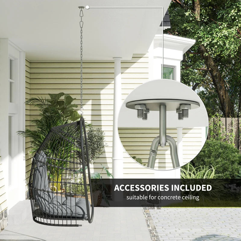 Hanging Egg Chair, Foldable Rattan Garden Swing Chair with Installation Kit, Thickened Cushion and Headrest, Dark Grey