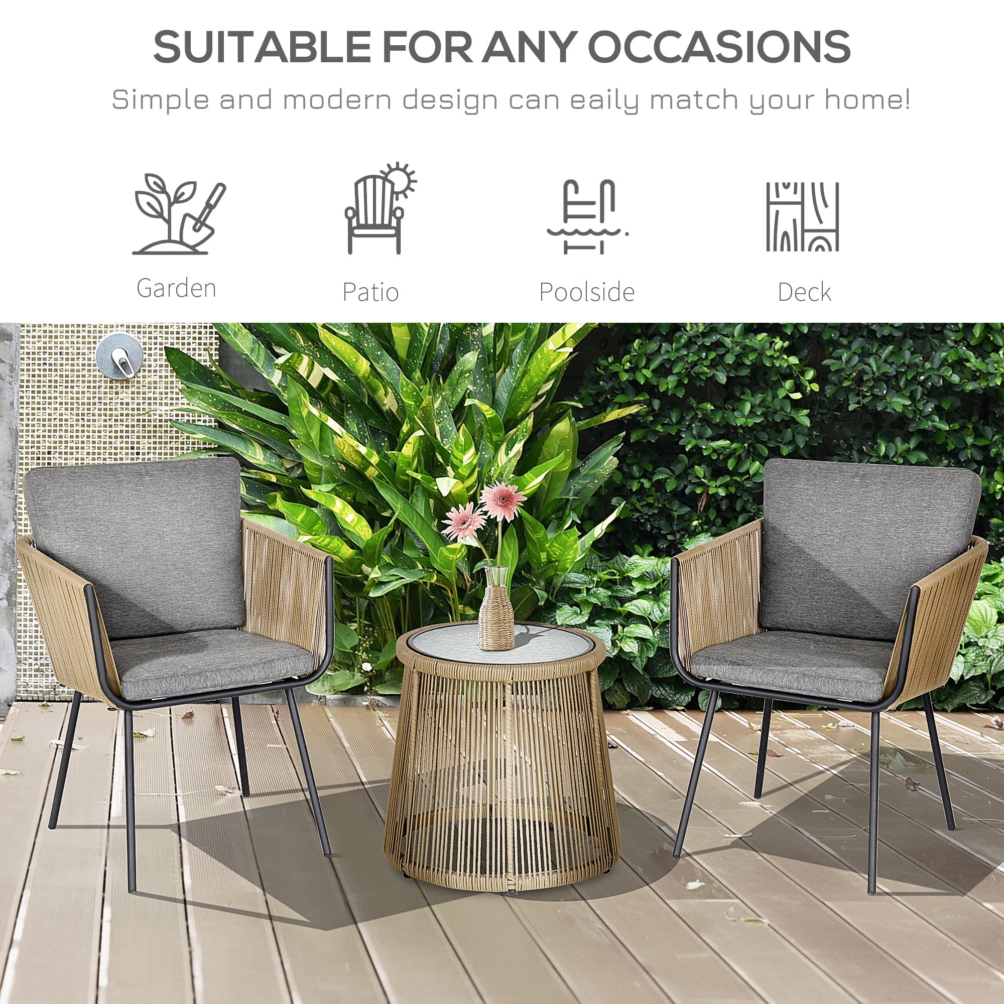Outsunny Wicker Rattan 3 PCS Bistro Set Webbed Patio Furniture Conversation Chairs Coffee Table Metal Legs Garden Backyard Deck
