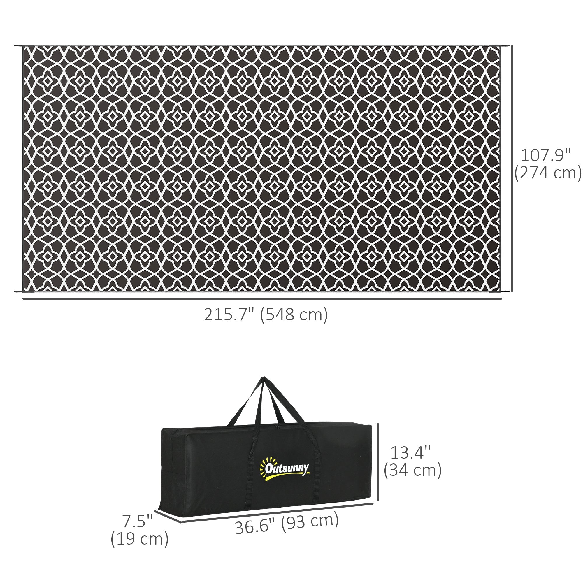 Outsunny Reversible Outdoor Mat Waterproof Plastic Straw Patio Rug 9x18 with Carry Bag Black White Clover