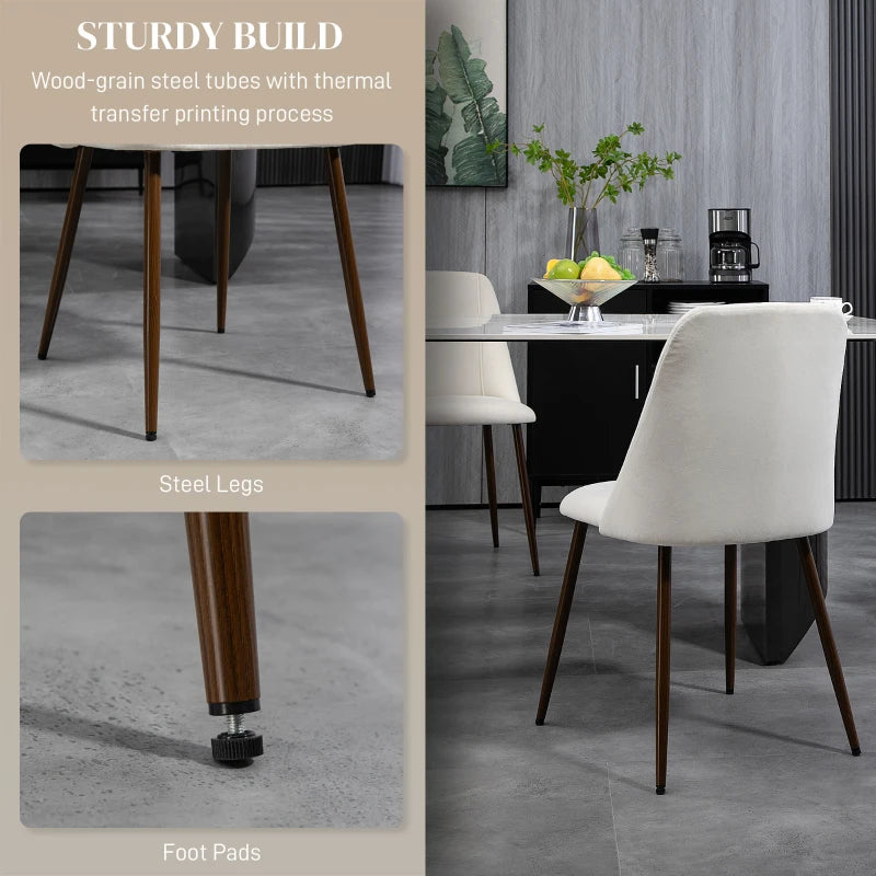 Upholstered Dining Chairs Set of 4, Velvet Accent Chair with Back and Wood-grain Steel Leg for Kitchen, Cream White