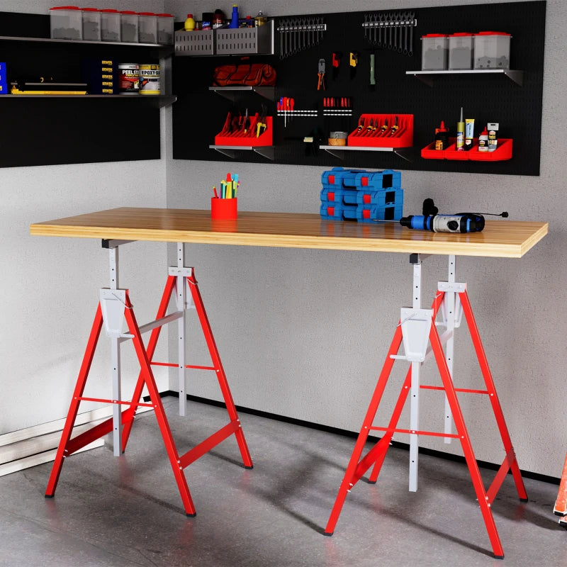 Set of 2 Adjustable Telescopic Builders Trestle, DIY Steel Work Bench Carpenter, Folding Saw Horse Tools Red