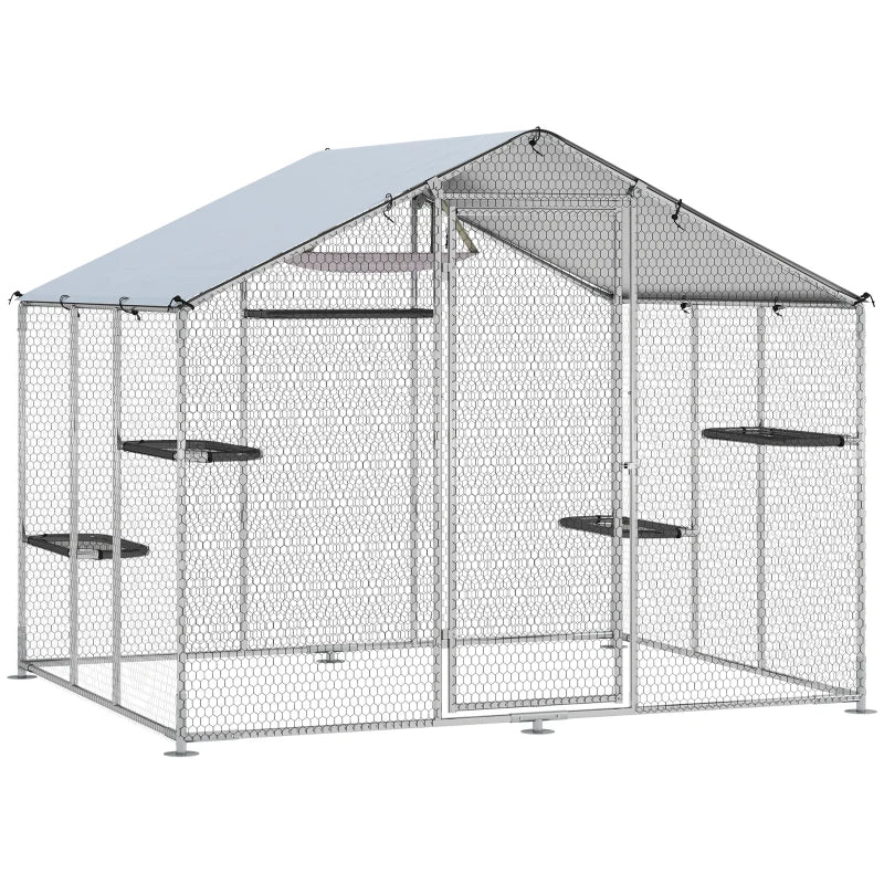 Large Catio Outdoor Cat Enclosure with Waterproof Cover, Walk-in Cat Patio w/ 5 Adjustable Platforms & Hammock 94.5" W