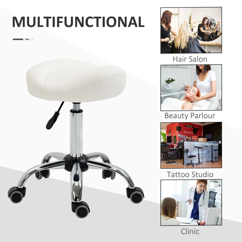Saddle Stool, Height Adjustable Rolling Salon Chair with PU Leather for Massage, Spa, Clinic, Beauty and Tattoo, White