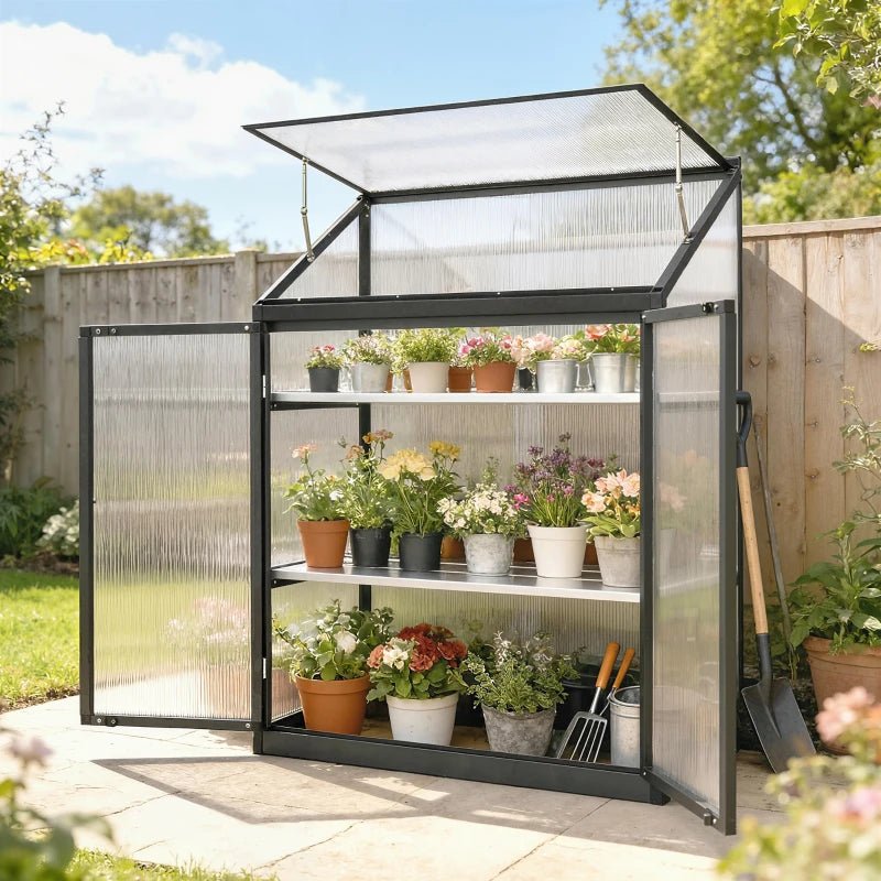 Polycarbonate Greenhouse with 2-Tier Shelves Gardening Green House for Patio Garden, Black