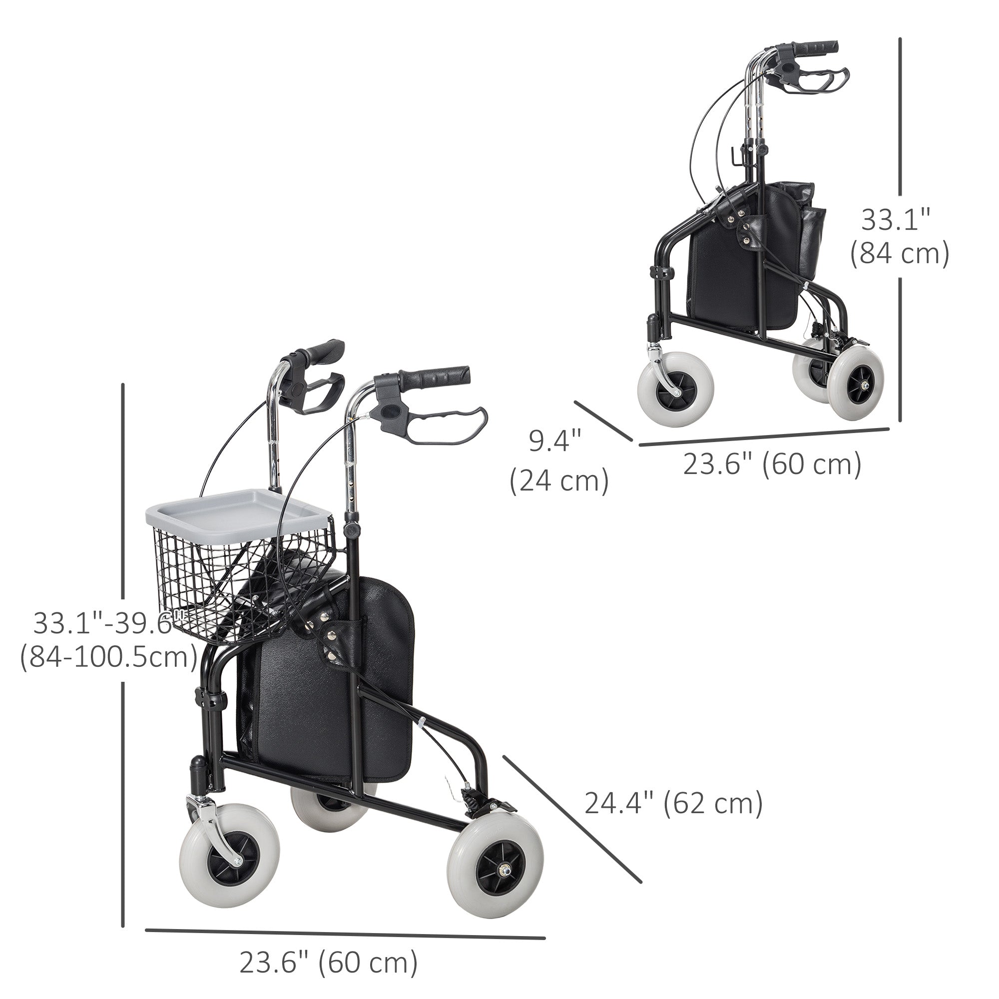 HOMCOM Upright Walker Up Rollator, Rolling Walker with Wheels, Storage Bag, Tray, Adjustable Handle Height, Black