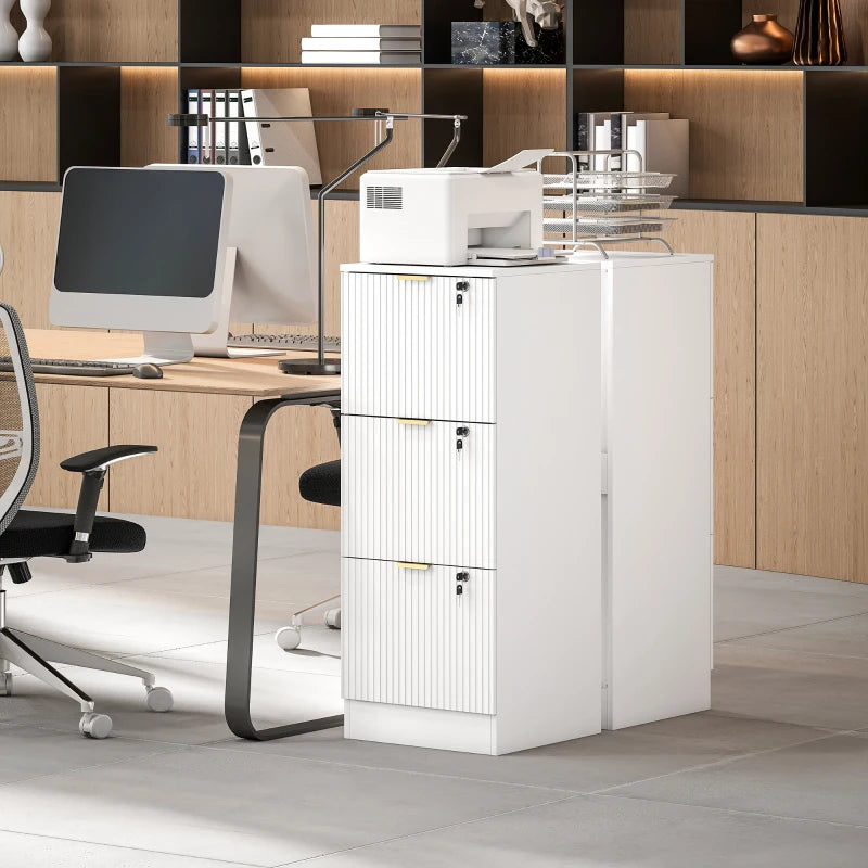 Lockable Filing Cabinet with 3 Fluted Drawers, File Cabinet with Adjustable Hanging Rails for A4 Letter Files, White