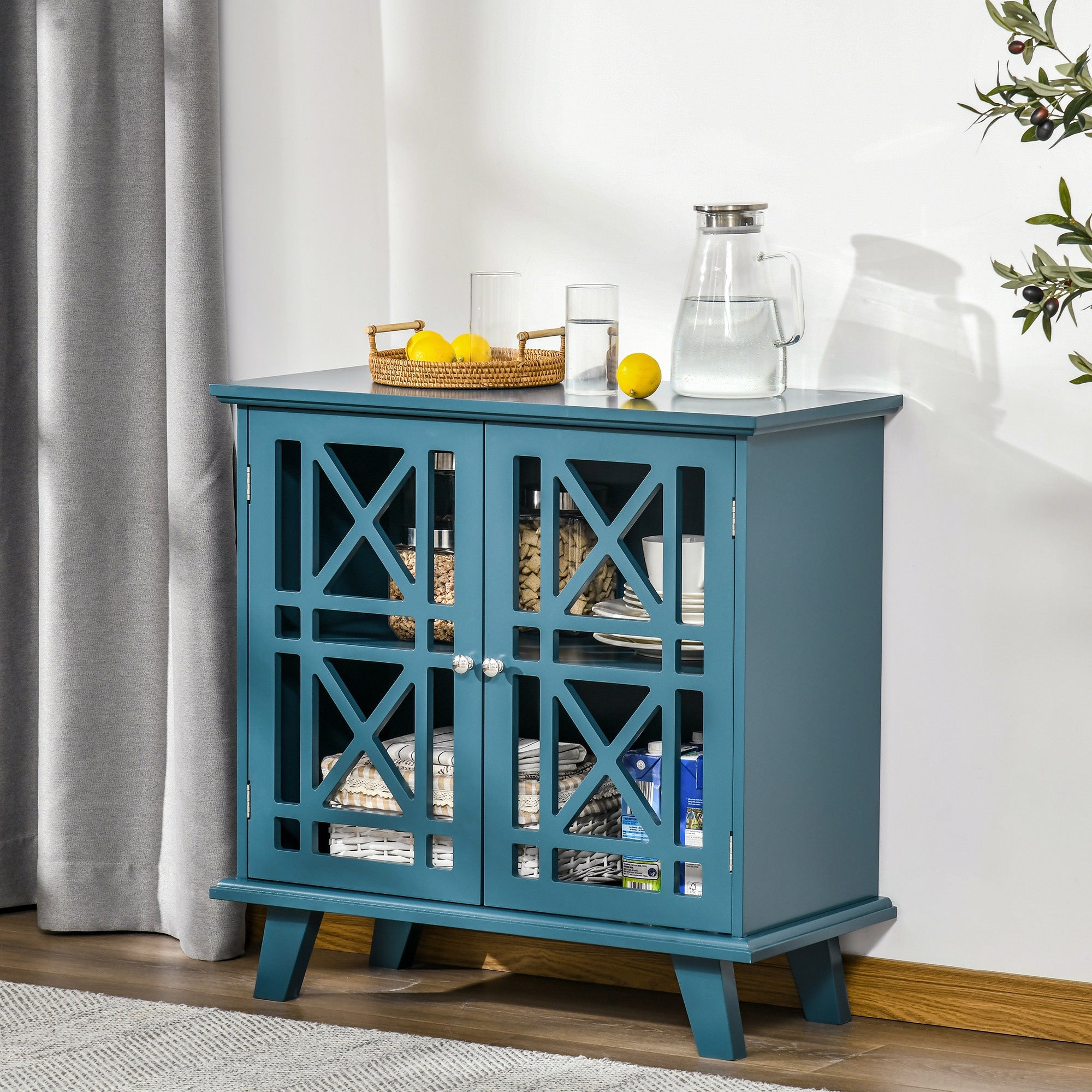 HOMCOM Modern Blue Cabinet: Fretwork Doors, Shelf, Freestanding Sideboard Buffet for Dining, Living Room Decor
